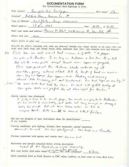 Rare bird documentation form for sixteen Semipalmated Sandpipers at Red Rock Reservoir in Marion County, IA on November 13, 1987.