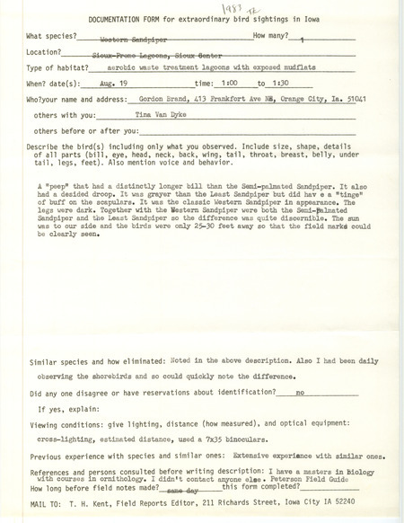 Rare bird documentation form for a Western Sandpiper at Sioux-Promo Lagoons in Sioux Center in Sioux County, IA on August 19, 1983.