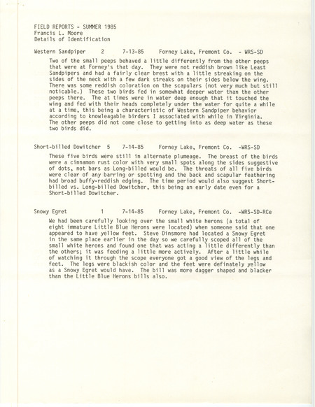 Field Reports for Summer 1985 by Francis Moore including Western Sandpipers at Forney Lake in Fremont County, IA during July of 1985.