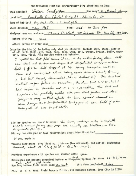 Rare bird documentation form for two Western Sandpipers at the DuPont Bridge in Coralville Reservoir in Johnson County, IA on August 3, 1985.