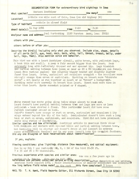 Rare bird documentation form for a Western Sandpiper east of Colo in Story County, IA on May 14, 1986.
