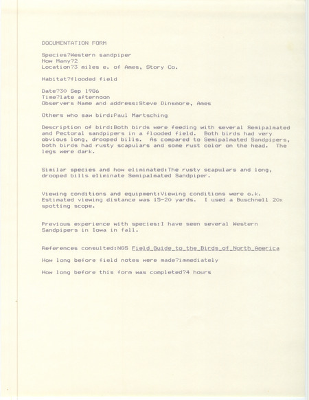 Rare bird documentation form for two Western Sandpipers east of Ames in Story County, IA on September 30, 1986.
