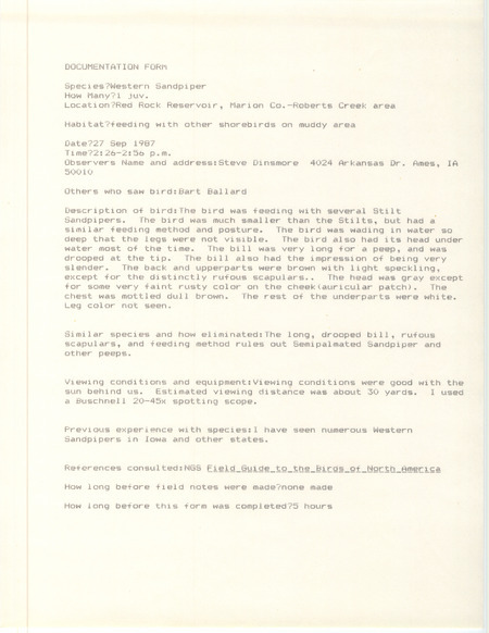 Rare bird documentation for a Western Sandpiper at Roberts Creek area in Red Rock Reservoir in Marion County, IA on September 27, 1987.