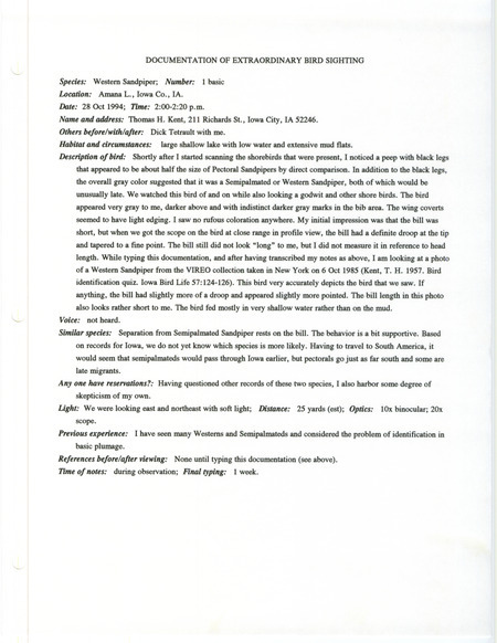 Rare bird documentation form for a Western Sandpiper at Amana Lake in Iowa County, IA on October 28, 1994.