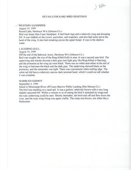 Details for rare bird sightings by James Fuller, covering August and September of 1999. Includes a Western Sandpiper seen at Round Lake in Hawkeye Wildlife Management Area, Johnson County, IA.