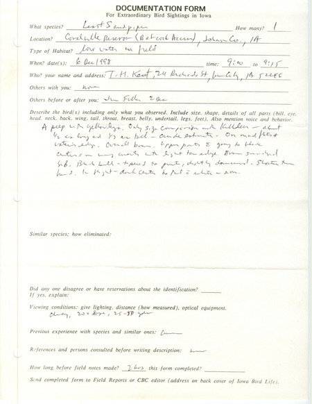 Rare bird documentation form for a Least Sandpiper at Babcock Access at Coralville Reservoir in Johnson County, IA on December 6, 1998.