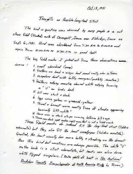Description of a rare bird sighting of a Long-toed Stint north of Davenport on September 6, 1981.