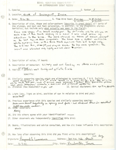 Rare bird documentation form for a Long-toed Stint north of Davenport on September 6, 1981.