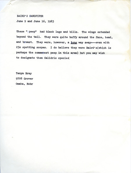 Description of two sightings of the same Baird's Sandpiper at the IPL ponds on June 9 and June 16, 1983.