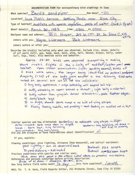 Rare bird documentation form for around twenty Baird's Sandpipers at Iowa Public Service Settling Ponds near Sioux City in Woodbury County, IA on March 30, 1985.