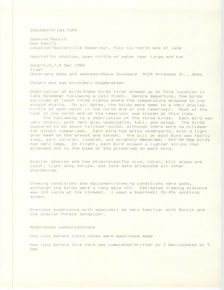 Rare bird documentation form for three Dunlins at Saylorville Reservoir on December 3, 4, 7, and 9, 1988.