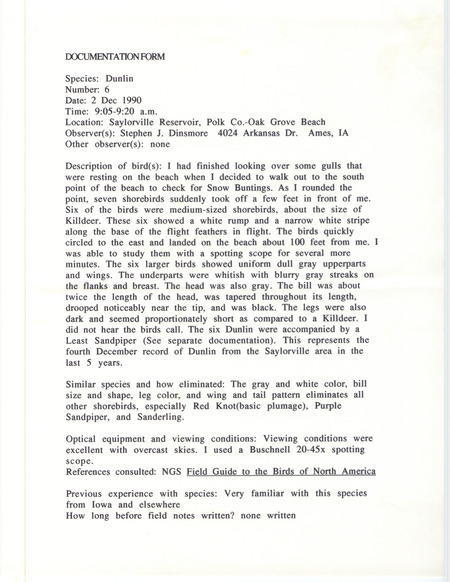 Rare bird documentation form for six Dunlins at Oak Grove Beach at Saylorville Reservoir in Polk County, IA on December 2, 1990.