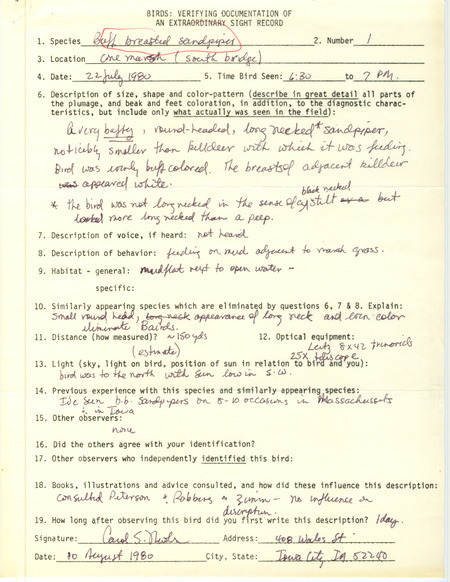 Rare bird documentation form for a Buff-breasted Sandpiper at Cone March in Louisa County, IA on July 22, 1980.