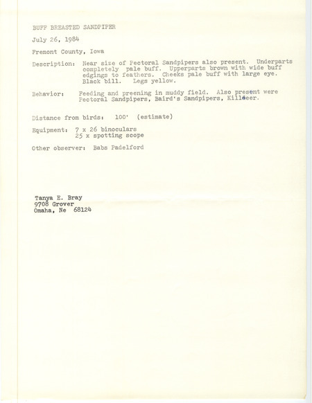 Rare bird documentation form for a Buff-breasted Sandpiper at Fremont County, IA on July 26, 1984.
