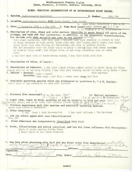 Rare bird documentation form for a Buff-breasted Sandpiper at Hendrickson March in Story County, IA, September 1 and 3, 1984.
