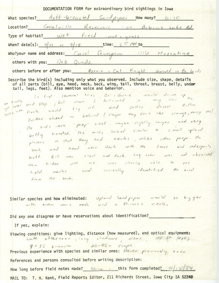 Rare bird documentation form for six to ten Buff-breasted Sandpipers at Babcock Access in Coralville Reservoir in September 11 or 18, 1984.