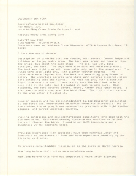 Rare bird documentation form for a Long-billed Dowitcher at Big Creek State Park in Polk County, IA on November 19, 1987.