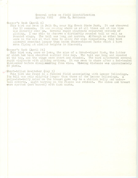General notes on field identification by John C. Robinson featuring Cooper's Hawk and Short-billed Dowitcher for the Spring of 1982.