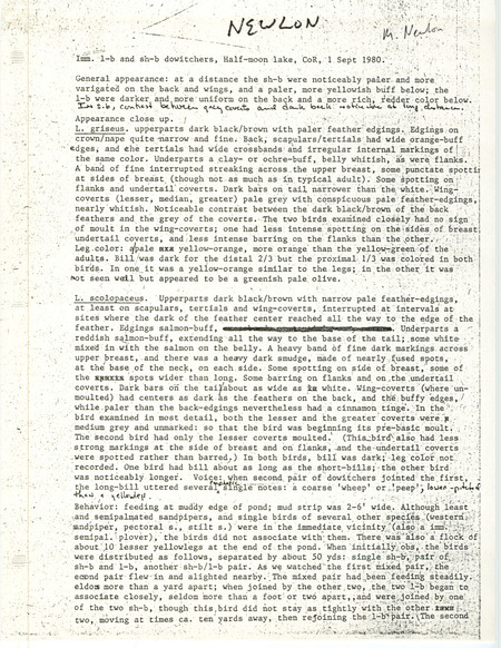 Field notes for the Long-billed Dowitcher and Short-billed Dowitcher at Half Moon Lake in Johnson County, IA on September 1, 1980.
