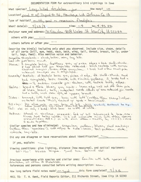 Rare bird documentation form for ten Long-billed Dowitchers at Hawkeye Wildlife Area in Johnson County, IA on September 23, 1984.