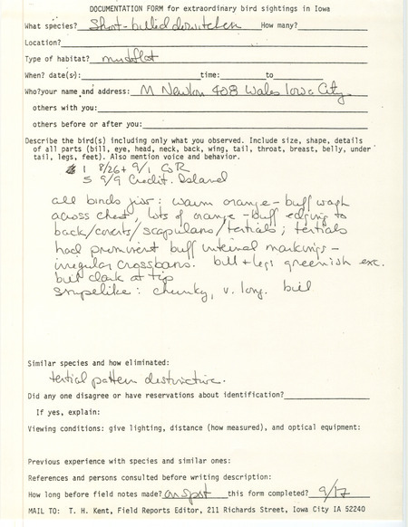 Documentation form supporting the sighting of a Short-billed Dowitcher at Coralville Reservoir and at Credit Island in Johnson County, IA, contributed by Michael C. Newlon on August 26 and September 1 and 9 in 1984.