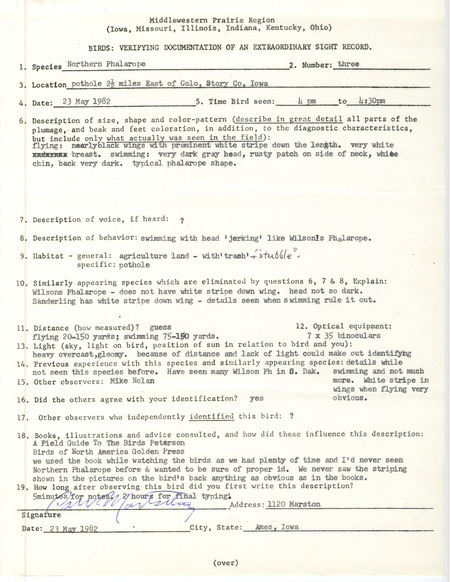 Rare bird documentation form for three Red-necked Phalaropes east of Colo in Story County, IA on May 23, 1982.
