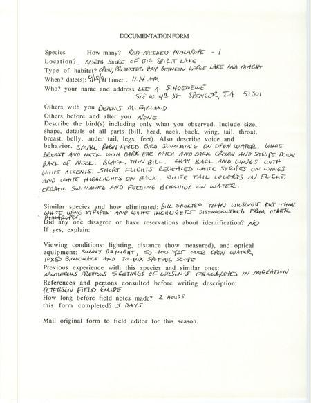 Rare bird documentation form for a Red-necked Phalarope at Big Spirit Lake in Dickinson County, IA on September 15, 1991.