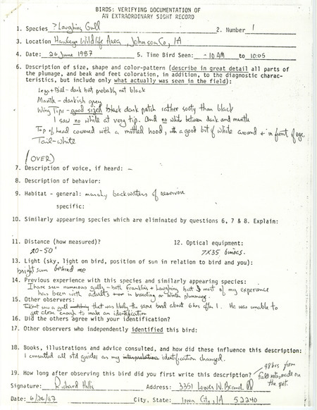 A form documenting the sighting of a Laughing Gull at Hawkeye Wildlife Area in Johnson County, IA submitted by Richard Hollis on June 26, 1987.
