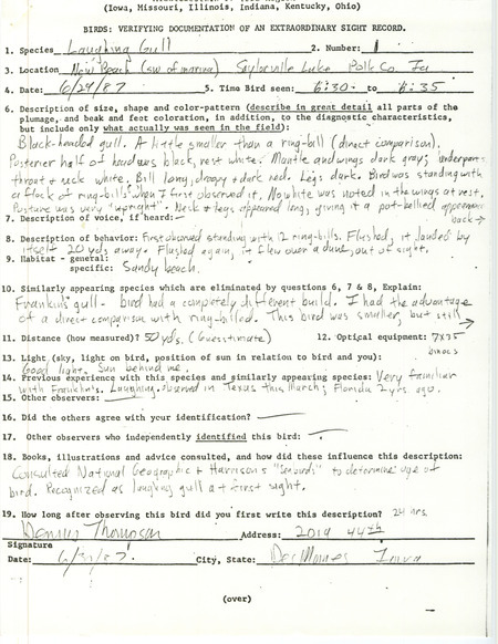 Rare bird documentation form for a Laughing Gull at Saylorville Lake in Polk County, IA on June 29, 1987.