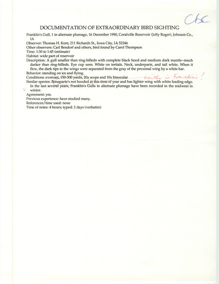 Rare bird documentation form for a Franklin's Gull at Jolly Rogers Campground at Coralville Reservoir in Johnson County, IA on December 16, 1990.