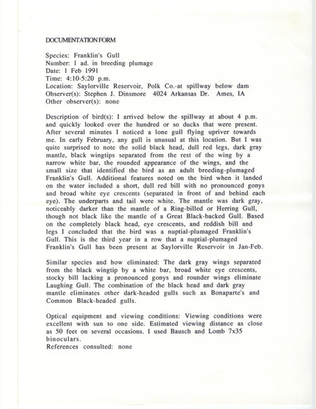 Rare bird documentation form for a Franklin's Gull at Saylorville Reservoir in Polk County, IA on February 1, 1991.