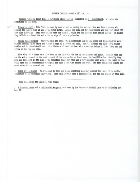 List of birds observed during the Rathbun Christmas bird County including several rare species at Rathbun Lake on December 19 and 20, 1998, contributed by Bill Heusinkveld. Rare species sighted include a Bonaparte's Gull and Yellow-rumped Warbler.