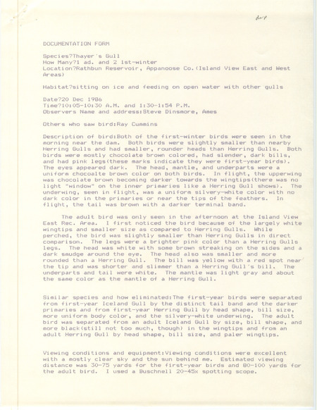 Rare bird documentation form for three Thayer's Gulls at Island View Park at Rathbun Reservoir in Appanoose County, IA on December 20, 1986.