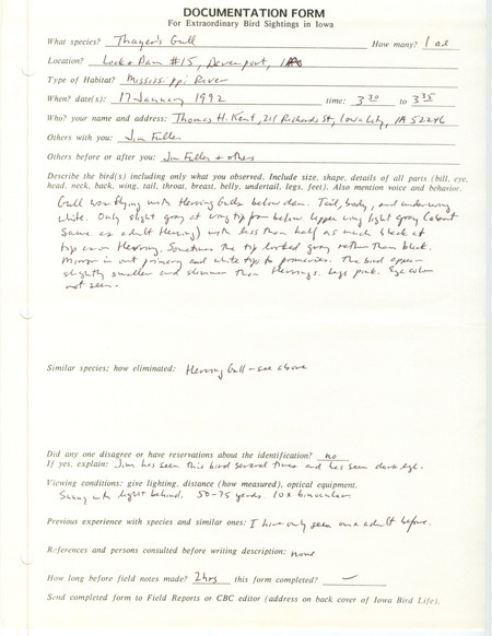 Rare bird documentation form for a Thayer's Gull at Lock and Dam 15 in Davenport in Scott County, IA on January 17, 1992.