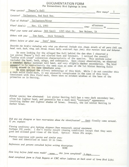 Rare bird documentation form for a Thayer's Gull at Red Rock Reservoir in Marion County, IA on November 13, 1993.
