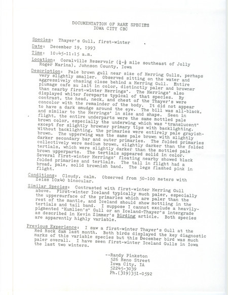 Rare bird documentation form for a Thayer's Gull southeast of Jolly Roger Marina at Coralville Reservoir in Johnson County, IA on December 19, 1993.