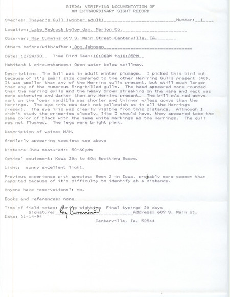 Rare bird documentation form for a Thayer's Gull at Red Rock Dam in Marion County, IA on December 24, 1993.
