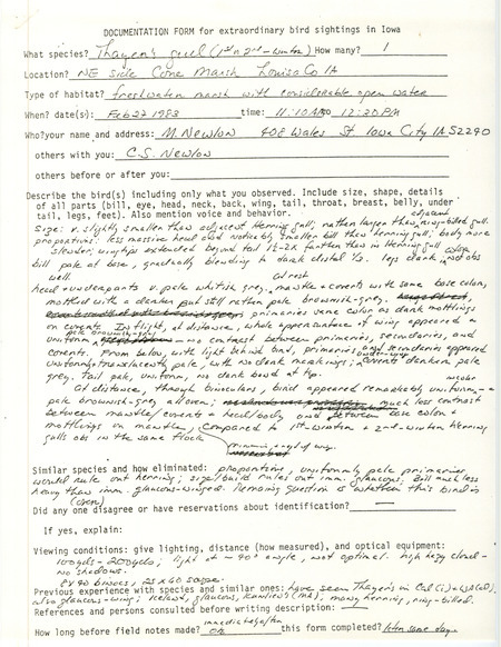 Rare bird documentation form for a Thayer's Gull at Cone March in Louisa County, IA on February 27, 1983.