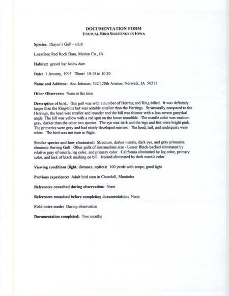 Rare bird documentation form for a Thayer's Gull at Red Rock Dam in Marion County, IA on January 1, 1995.