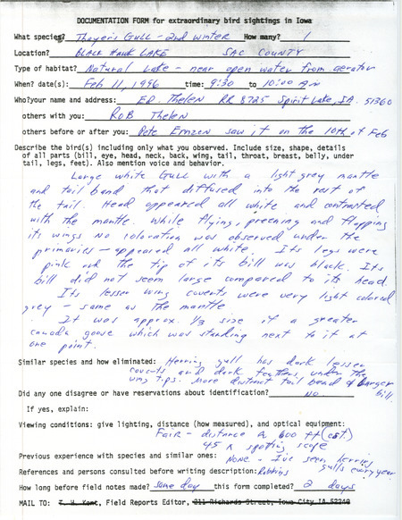 Rare bird documentation form for a Thayer's Gull at Black Hawk Lake in Sac County, IA on February 11, 1996.