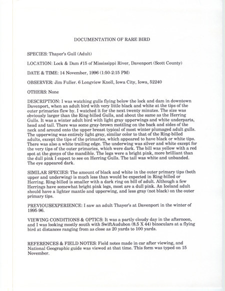 Rare bird documentation form for a Thayer's Gull at Lock and Dam 15 in Davenport in Scott County, IA on November 14, 1996.