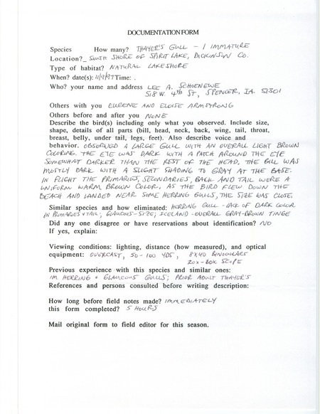 Rare bird documentation form for a Thayer's Gull at Spirit Lake in Dickinson County, IA on November 9, 1997.