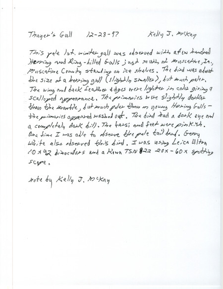 Rare bird documentation form for a Thayer's Gull south of Muscatine in Muscatine County, IA on December 28, 1997.