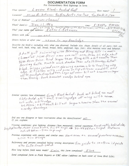 Rare bird documentation form for a Lesser Black-backed Gull at Mississippi River between Bettendorf in Scott County, IA and Moline in Rock Island County, IL on January 11, 1992.