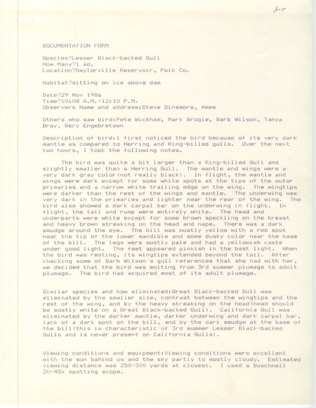 Rare bird documentation form for a Lesser Black-backed Gull at Saylorville Reservoir in Polk County, IA on November 29, 1986.