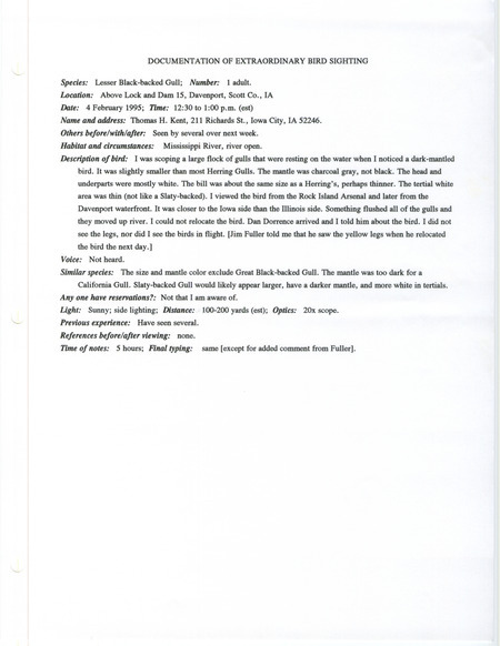 Rare bird documentation form for a Lesser Black-backed Gull at Lock and Dam 15 in Scott County, IA on February 4, 1995.