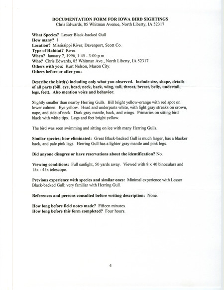 Rare bird documentation form for a Lesser Black-backed Gull on the Mississippi River at Davenport in Scott County, IA on January 7, 1996.