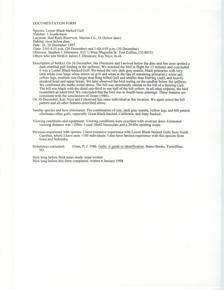 Rare bird documentation form for a Lesser Black-backed Gull at Red Rock Reservoir in Marion County, IA on December 26, 1997 and December 30, 1997.