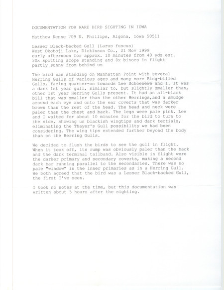 Rare bird documentation form for a Lesser Black-backed Gull at Manhattan Point at West Okoboji Lake in Dickinson County, IA on November 21, 1999.