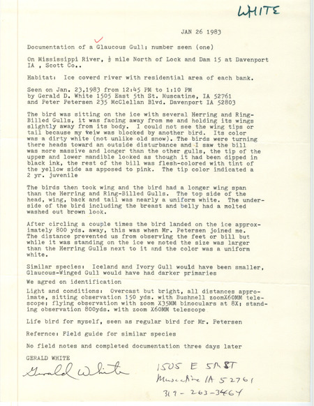 Rare bird documentation form for a Glaucous Gull near Lock and Dam 15 in Davenport in January 23, 1983.